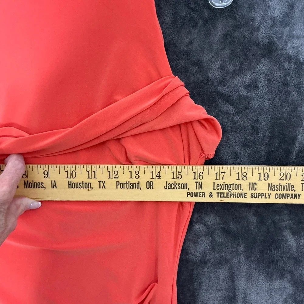 Lauren Ralph Lauren Coral Mock Neck Overlay Ruched Midi Dress Size 6 Cocktail